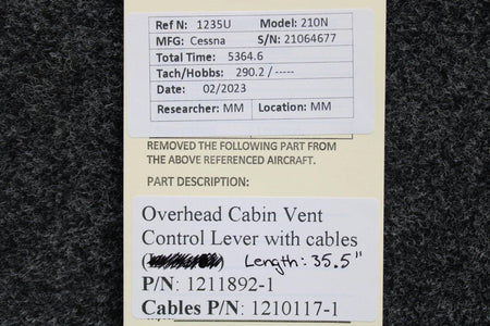 Cessna Aircraft Parts 1211892-1 Cessna 210N Overhead Cabin Vent Control Lever with Cables (L: 35-1/2”)