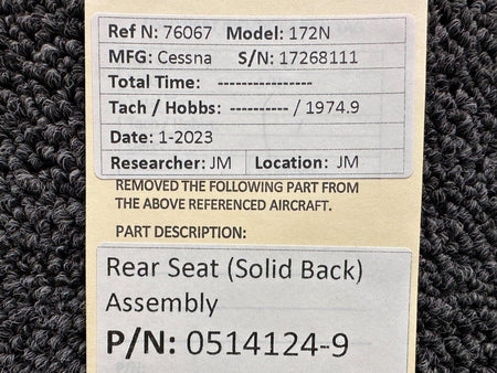 Cessna Aircraft Parts 0514124-9 Cessna 172N Single Back Rear Seat Assembly