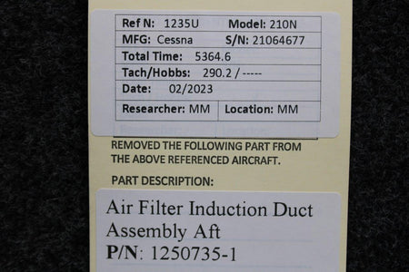 Cessna Aircraft Parts 1250735-1 Cessna 210N Air Filter Induction Duct Assembly Aft