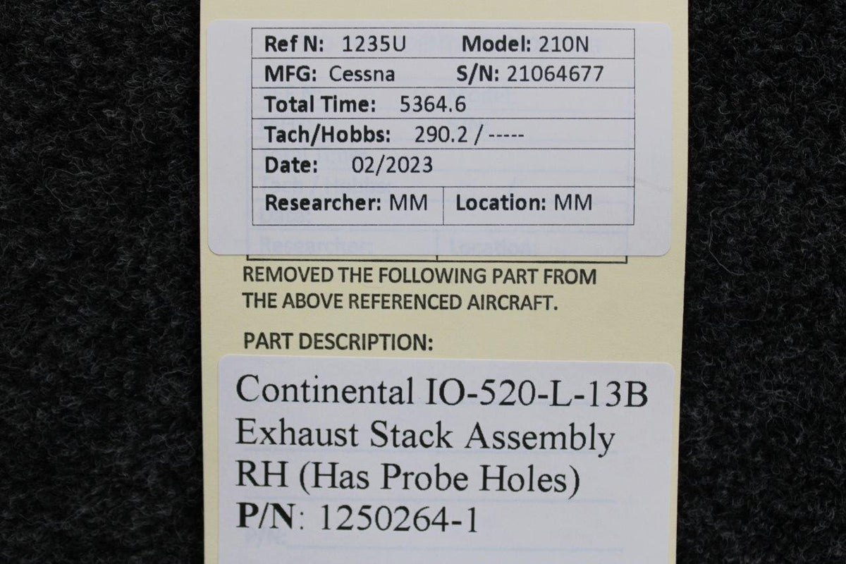 Continental Motors  1250264-1 Continental IO-520-L-13B Exhaust Stack Assembly RH has Probe Hole
