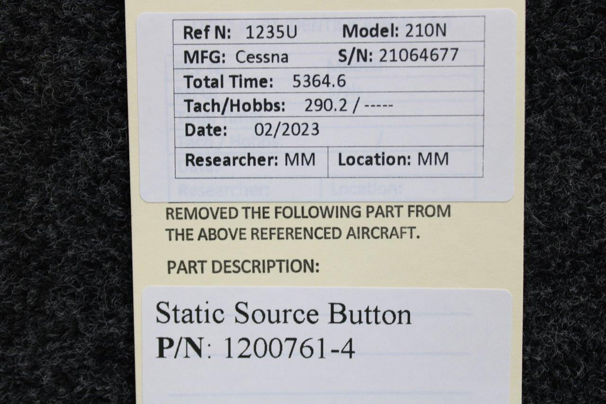 Cessna Aircraft Parts 1200761-4 Cessna 210N Static Source Button