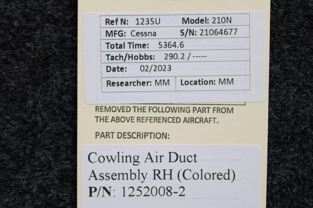 Cessna Aircraft Parts 1252008-2 Cessna 210N Cowling Air Duct Assembly RH (Colored)