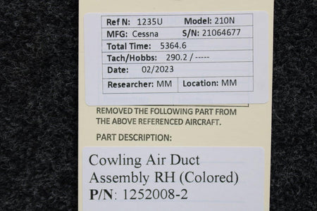 Cessna Aircraft Parts 1252008-2 Cessna 210N Cowling Air Duct Assembly RH (Colored)