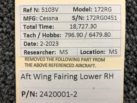Cessna Aircraft Parts 2420001-2 Cessna 172RG Aft Wing Fairing Lower RH