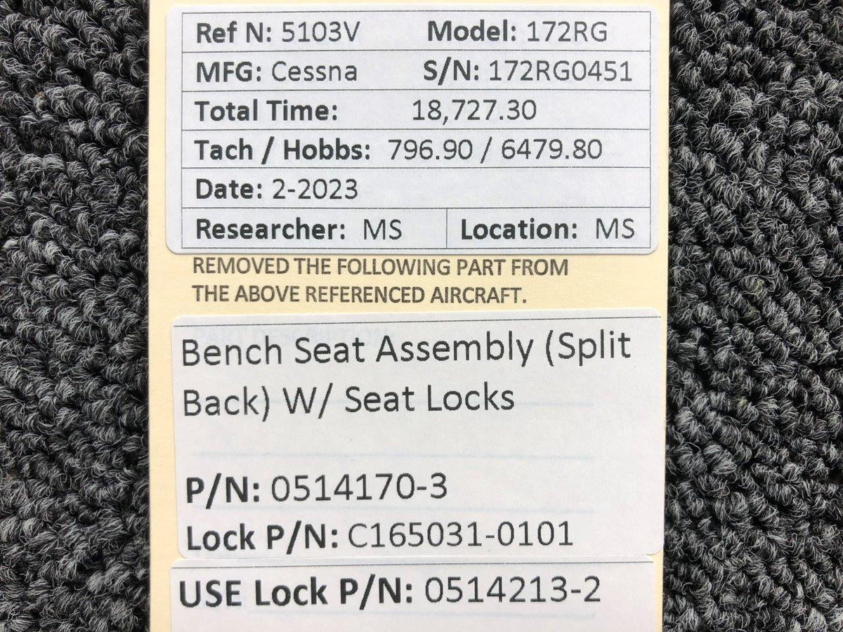 Cessna Aircraft Parts 0514170-3, C165031-0101 Cessna 172RG Split Back Bench Seat Assembly with Locks