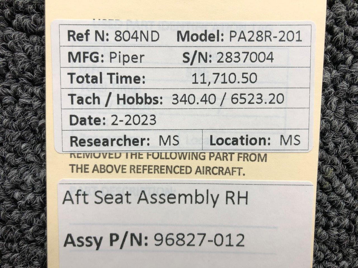 Piper Aircraft Parts 96827-012 Piper PA28R-201 Aft Seat Assembly RH
