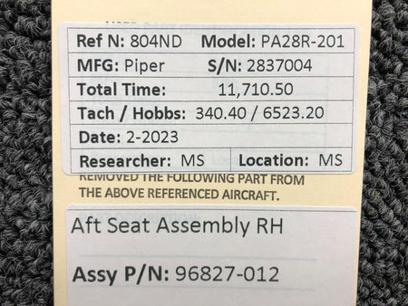 Piper Aircraft Parts 96827-012 Piper PA28R-201 Aft Seat Assembly RH