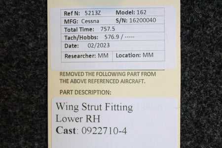 Cessna Aircraft Parts Cast: 0922710-4 Cessna 162 Wing Strut Fitting Lower RH