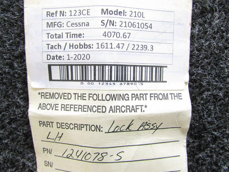 Cessna Aircraft Parts 1241078-5, S1377-1 Cessna 210L Lock Assembly LH with Switch