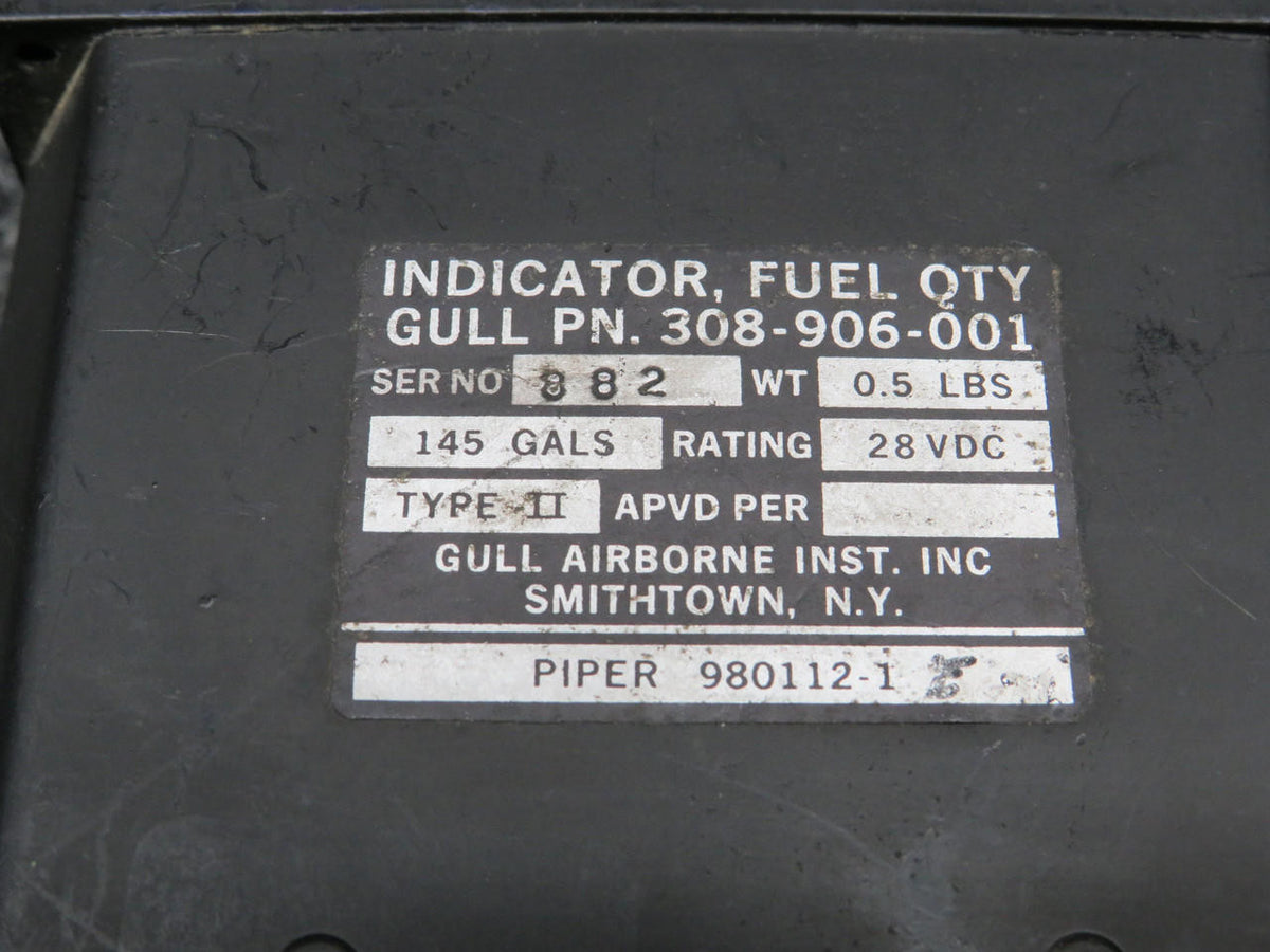 Gull Airborne 308-906-001 (Alt: 980112-1) Gull Airborne Type II Fuel Quantity Indicator (Volts: 28)