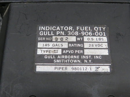 Gull Airborne 308-906-001 (Alt: 980112-1) Gull Airborne Type II Fuel Quantity Indicator (Volts: 28)