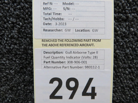 Gull Airborne 308-906-001 (Alt: 980112-1) Gull Airborne Type II Fuel Quantity Indicator (Volts: 28)