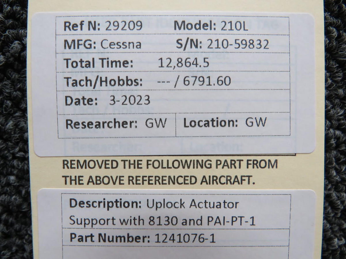 Cessna Aircraft Parts 1241076-1 Cessna 210L Uplock Actuator Support with 8130 and PAI-PT-1