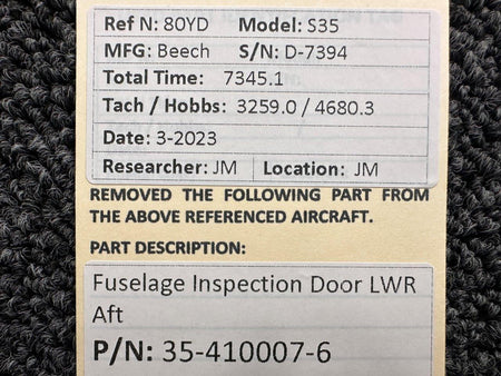 Beechcraft Parts 35-410007-6 Beechcraft S35 Fuselage Inspection Door Lower Aft