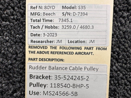 Beechcraft Parts 35-524245-2 / 118540-BHP-5 Beech S35 Rudder Balance Cable Pulley with Cable