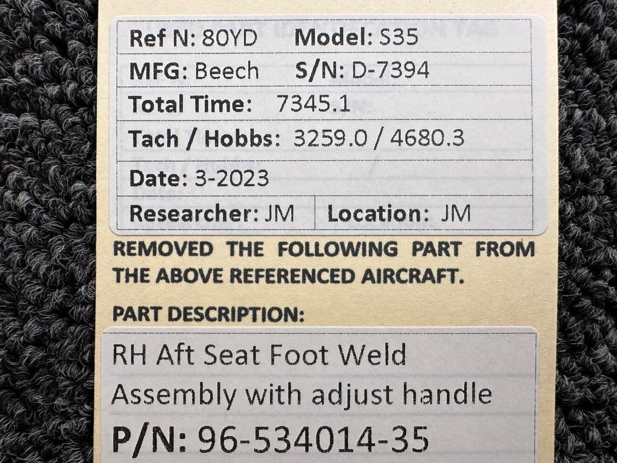 Beechcraft Parts 96-534014-35 Beech S35 Seat Foot Weld Assembly Aft RH with Adjust Handle