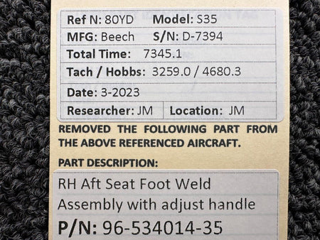 Beechcraft Parts 96-534014-35 Beech S35 Seat Foot Weld Assembly Aft RH with Adjust Handle