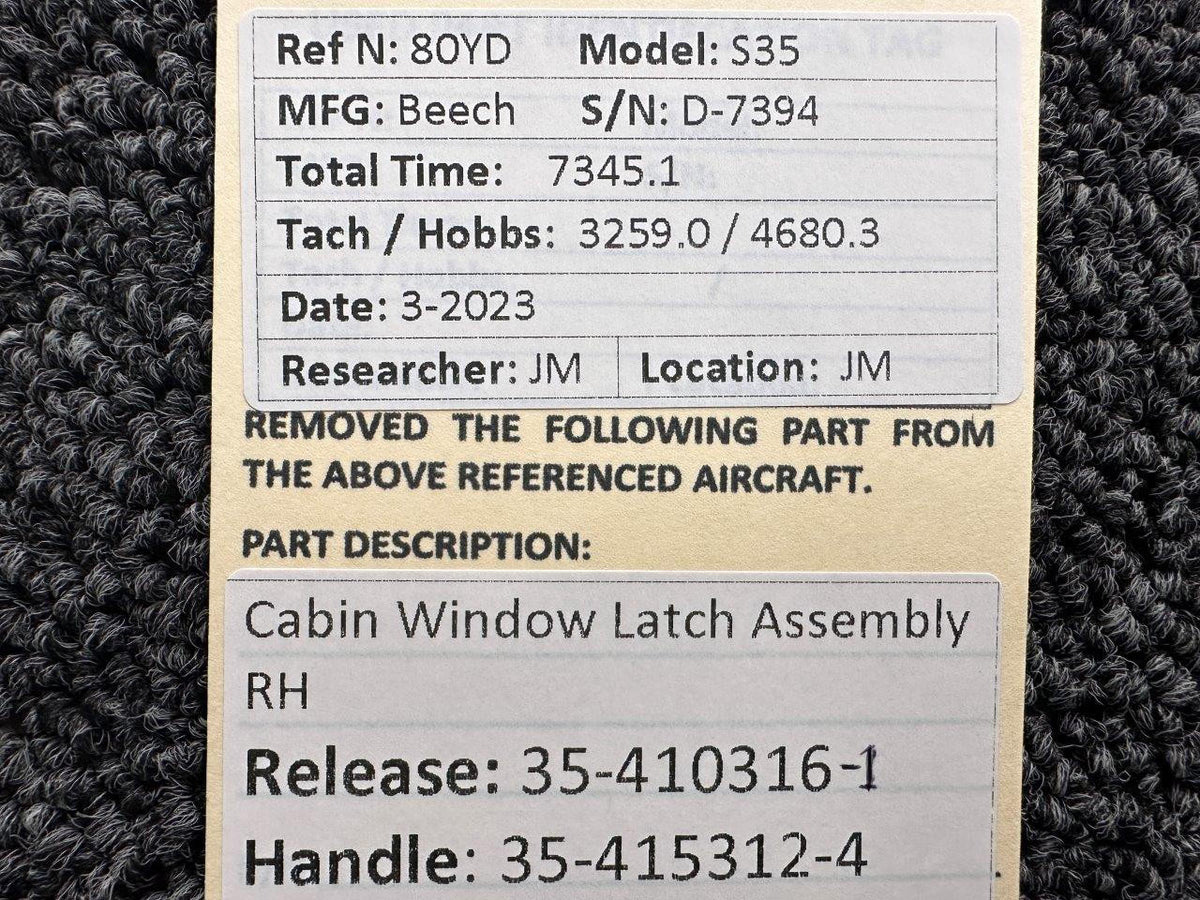 Beechcraft Parts 35-410316-1, 35-415312-4 Beech S35 Cabin Window Latch Assembly RH