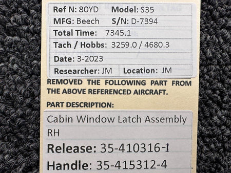 Beechcraft Parts 35-410316-1, 35-415312-4 Beech S35 Cabin Window Latch Assembly RH