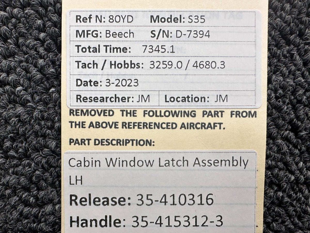 Beechcraft Parts 35-410316, 35-415312-3 Beech S35 Cabin Window Latch Assembly LH