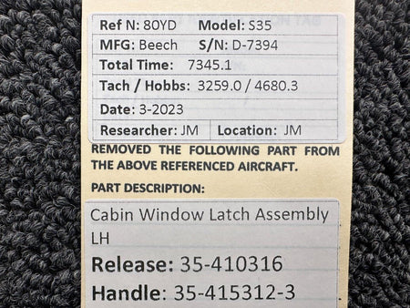 Beechcraft Parts 35-410316, 35-415312-3 Beech S35 Cabin Window Latch Assembly LH