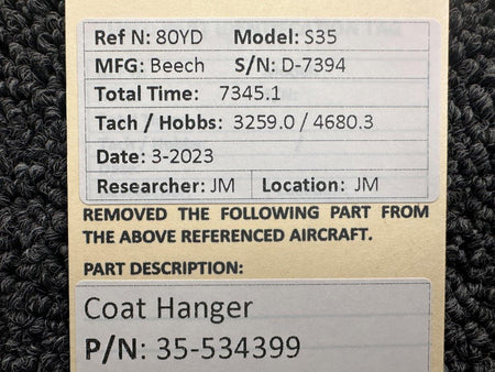 Beechcraft Parts 35-534399 Beech S35 Coat Hanger