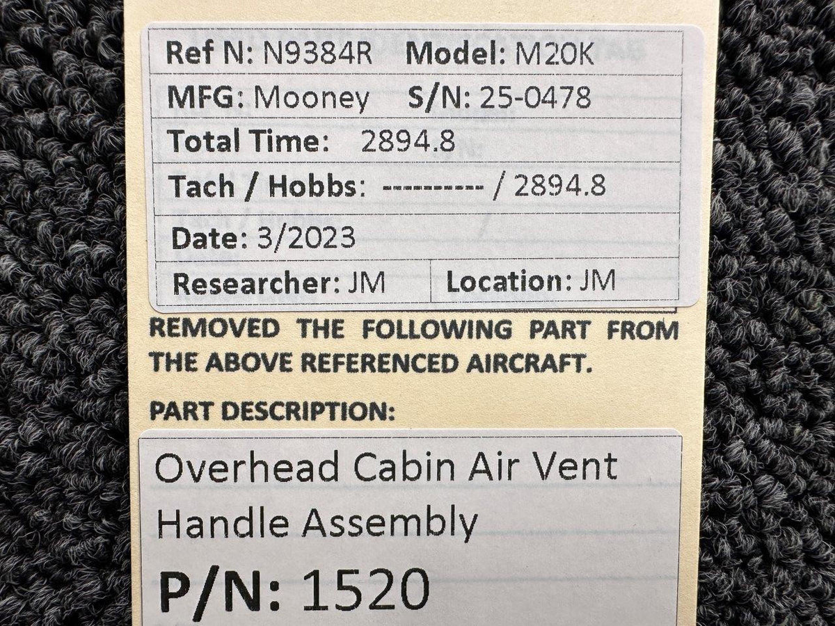 Mooney Aircraft Parts & Accessories 1520 Mooney M20K Overhead Cabin Air Vent Handle Assembly
