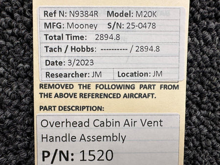 Mooney Aircraft Parts & Accessories 1520 Mooney M20K Overhead Cabin Air Vent Handle Assembly