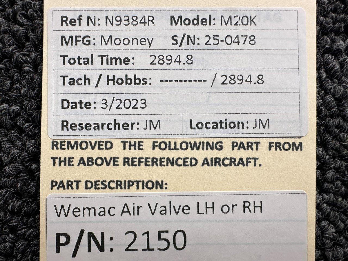 Wemac 2150 Wemac Air Valve LH or RH