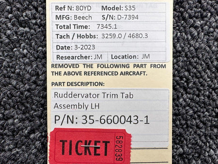 Beechcraft Parts 35-660043-1 Beech S35 Ruddervator Trim Tab Assembly LH