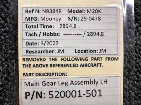 Mooney Aircraft Parts & Accessories 520001-501 Mooney M20K Main Gear Leg Assembly LH
