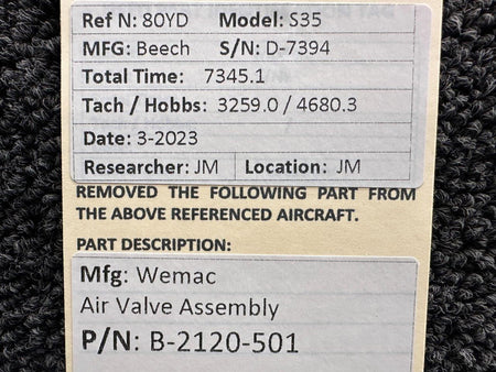 Beechcraft Parts B-2120-501 Wemac Air Valve Assembly