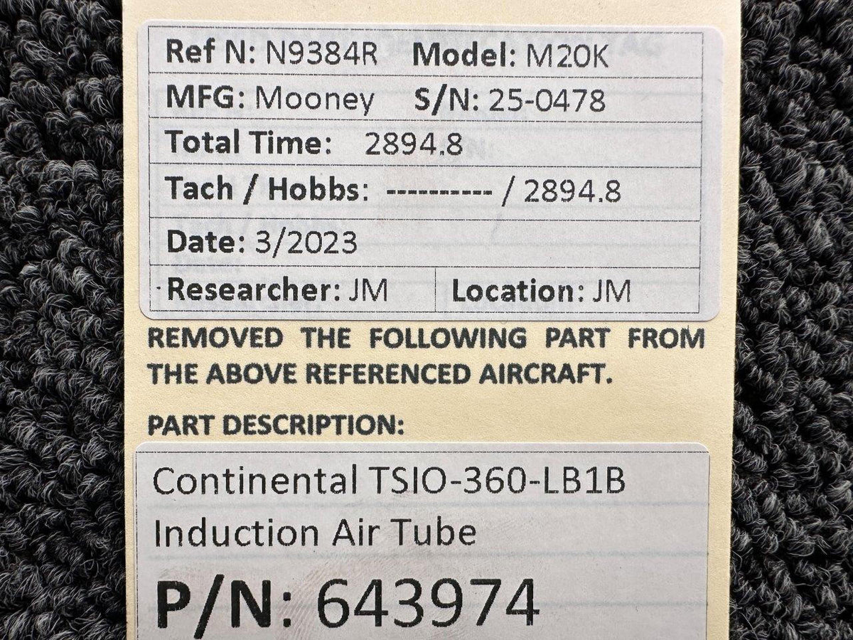 Continental Motors  643974 Continental TSIO-360-LB1B Induction Air Tube