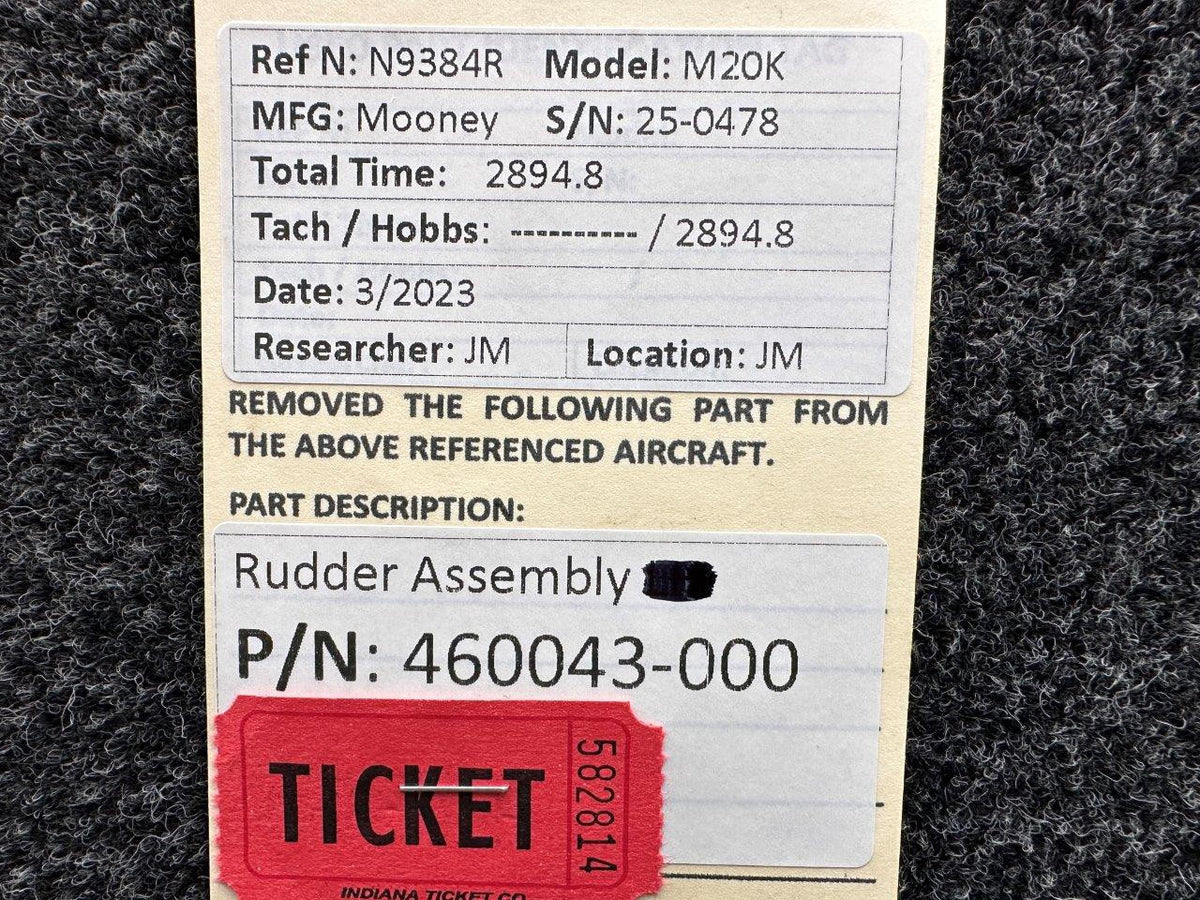 Mooney Aircraft Parts & Accessories 460043-000 Mooney M20K Rudder Assembly (Minus Lower Fairing)