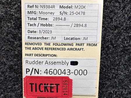 Mooney Aircraft Parts & Accessories 460043-000 Mooney M20K Rudder Assembly (Minus Lower Fairing)