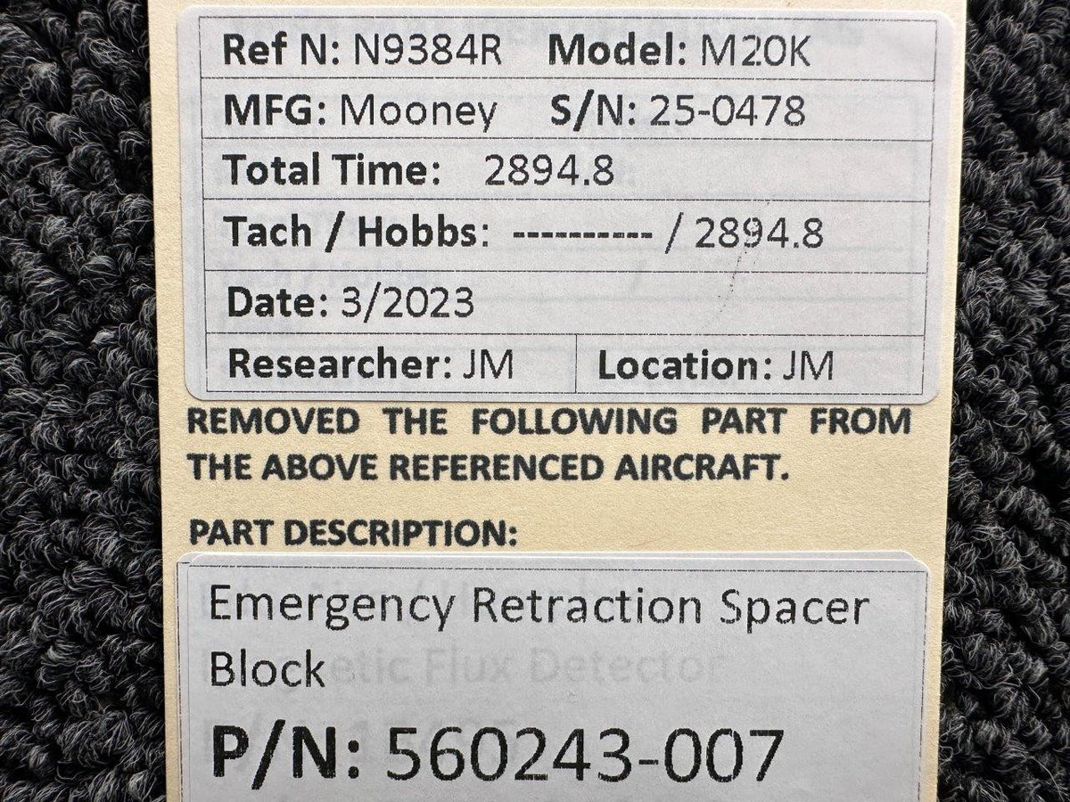 Mooney Aircraft Parts & Accessories 560243-007 Mooney M20K Emergency Retraction Spacer Block