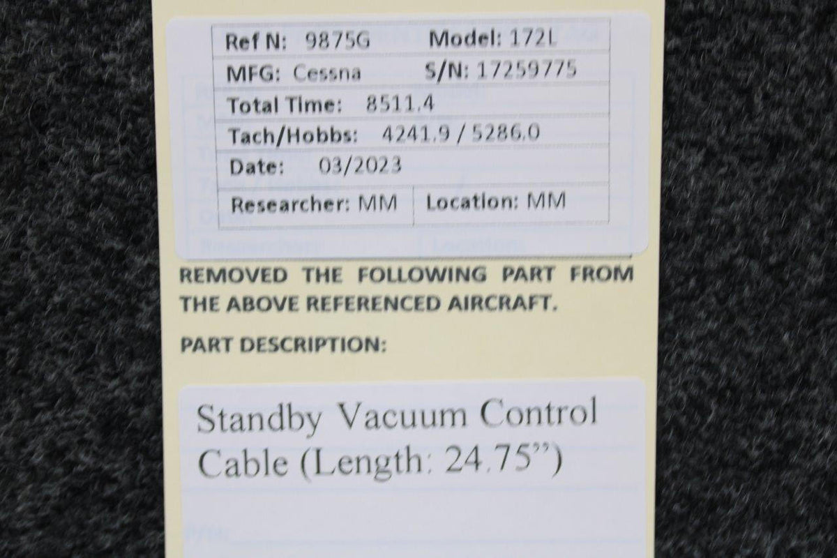 Cessna Aircraft Parts Cessna 172L Standby Vacuum Control Cable (Length: 24-3/4”)