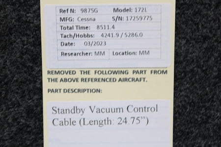 Cessna Aircraft Parts Cessna 172L Standby Vacuum Control Cable (Length: 24-3/4”)