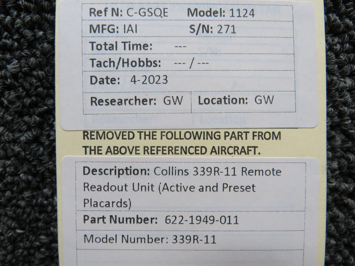 Collins 622-1949-011 Collins 339R-11 Remote Readout Unit (Active and Preset Placards)