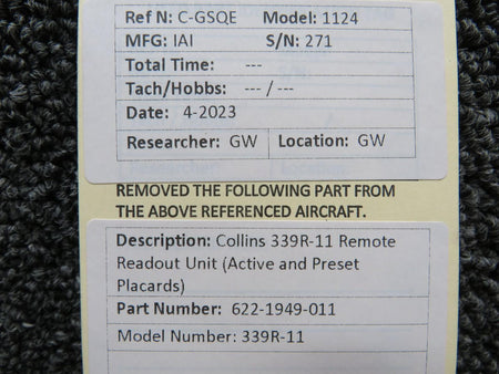 Collins 622-1949-011 Collins 339R-11 Remote Readout Unit (Active and Preset Placards)