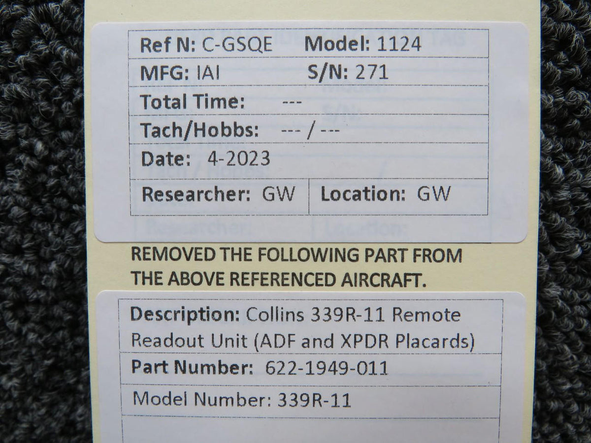 Collins 622-1949-011 Collins 339R-11 Remote Readout Unit (ADF and XPDR Placards)