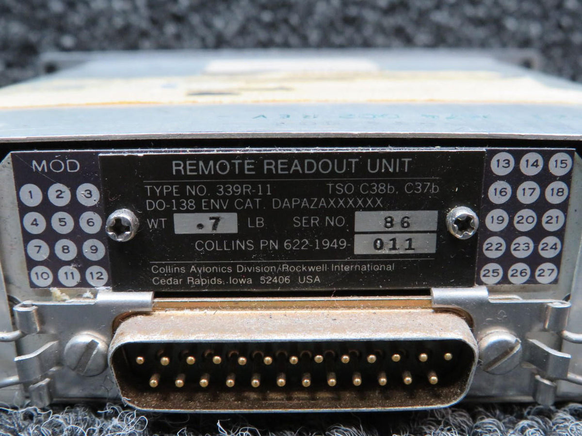 Collins 622-1949-011 Collins 339R-11 Remote Readout Unit (ADF and XPDR Placards)