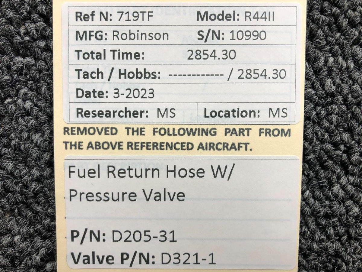 Robinson Helicopter & Airplane Parts D205-31, D321-1 Robinson R44II Fuel Return Hose with Pressure Valve