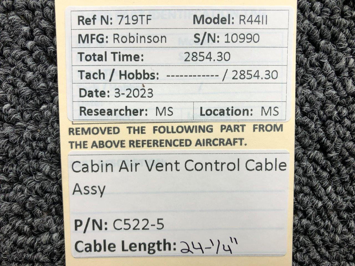 Robinson Helicopter & Airplane Parts C522-5 Robinson R44II Cabin Air Vent Control Cable Assembly (Length: 24-1/4”)