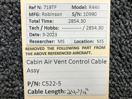 Robinson Helicopter & Airplane Parts C522-5 Robinson R44II Cabin Air Vent Control Cable Assembly (Length: 24-1/4”)