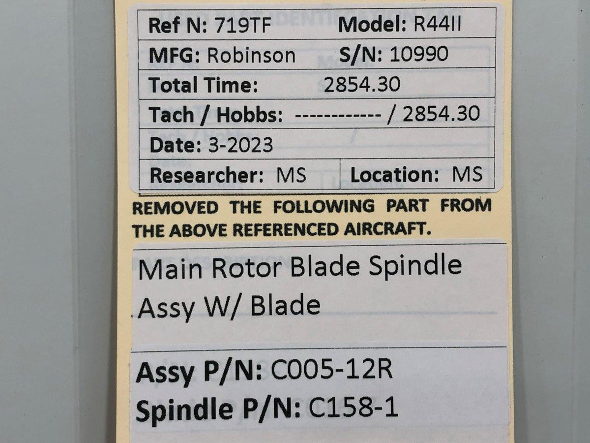 Robinson Helicopter & Airplane Parts C005-12R Robinson R44II Main Rotor Blade Spindle Assembly (Prop Struck, CORE)