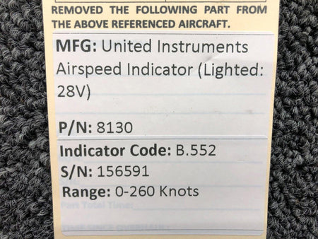 United Instruments 8130 (Code: B.552) United Instruments Airspeed Indicator (Lighted: 28V)