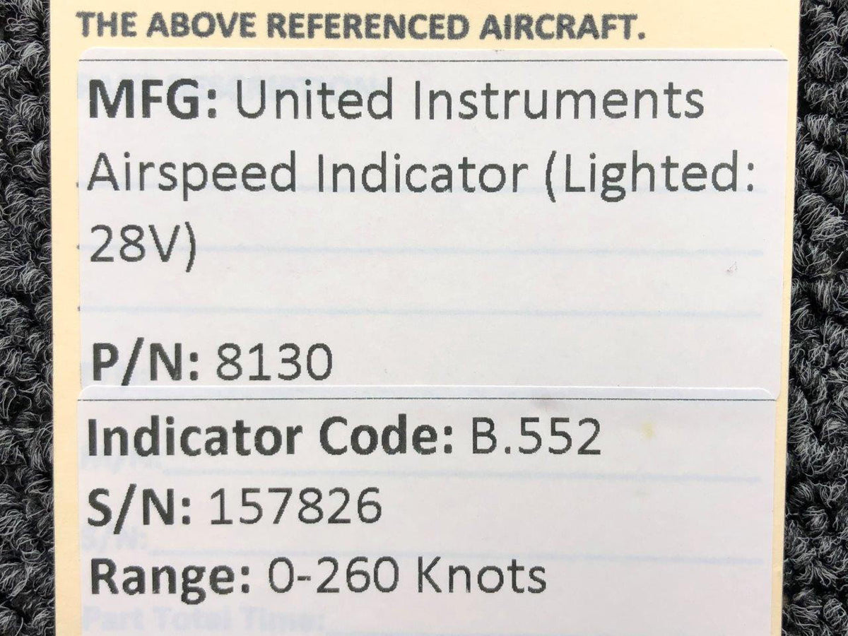 United Instruments Code: B.552 United Instruments Lighted, 28V Airspeed Indicator - Part No 8130
