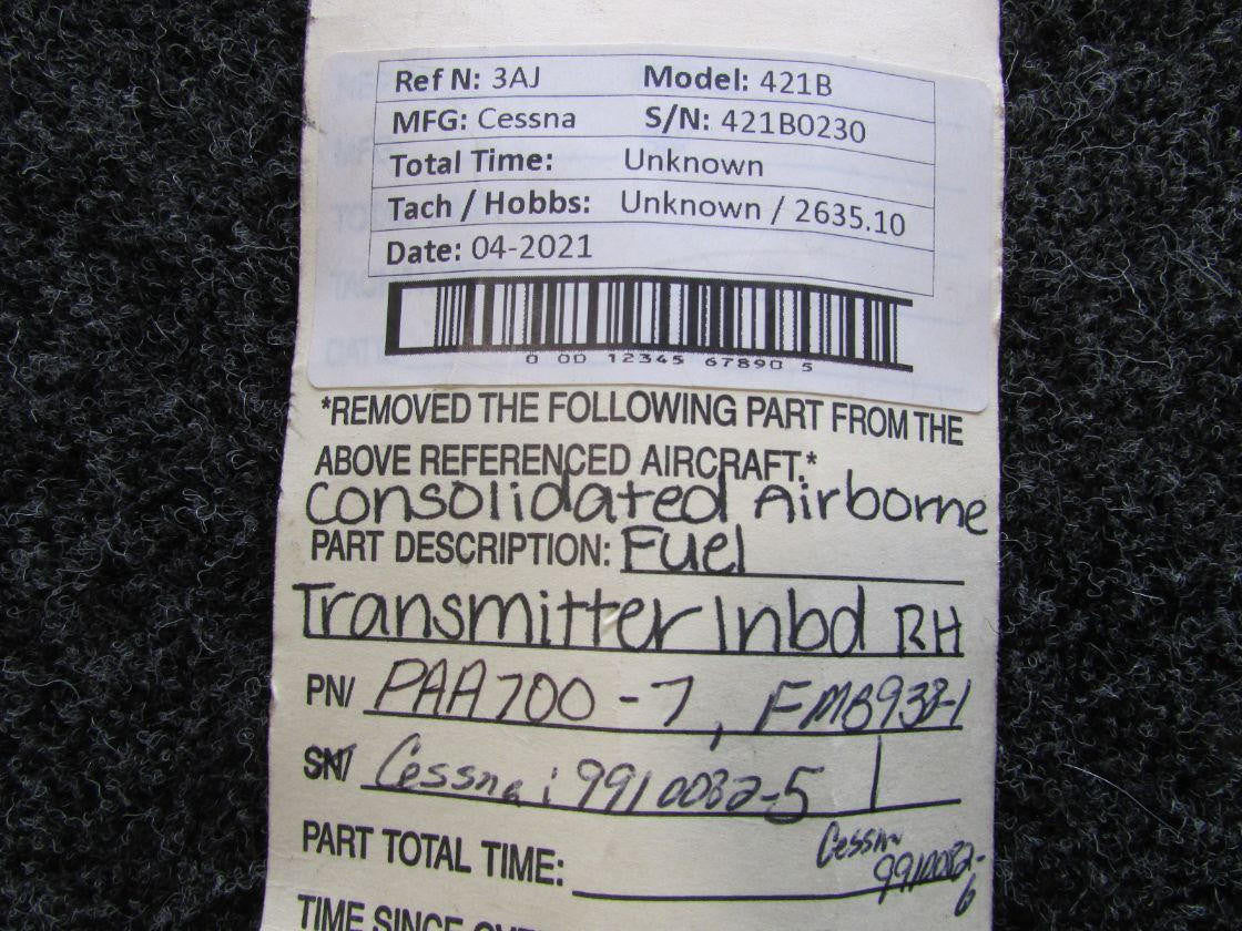 Consolidated Airborne Systems PAA700-7, FMB938-1 CAS Fuel Transmitter RH with Mount (Volts: 28)