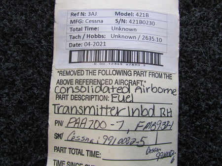 Consolidated Airborne Systems PAA700-7, FMB938-1 CAS Fuel Transmitter RH with Mount (Volts: 28)